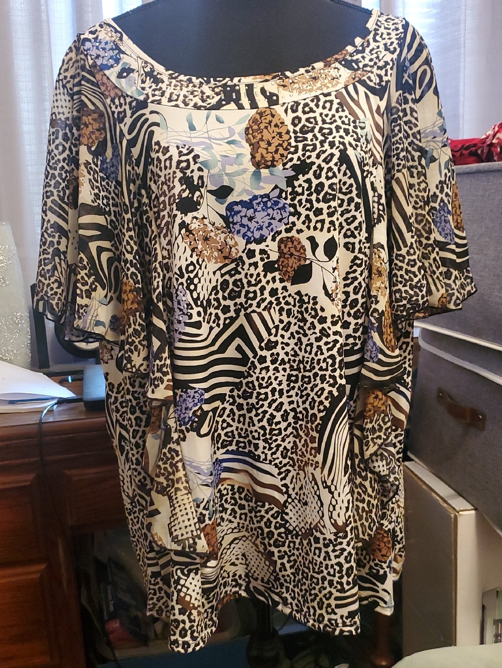 Women's Floral & Animal Print Flutter Sleeve Top - Cream, Black, Brown, Blue